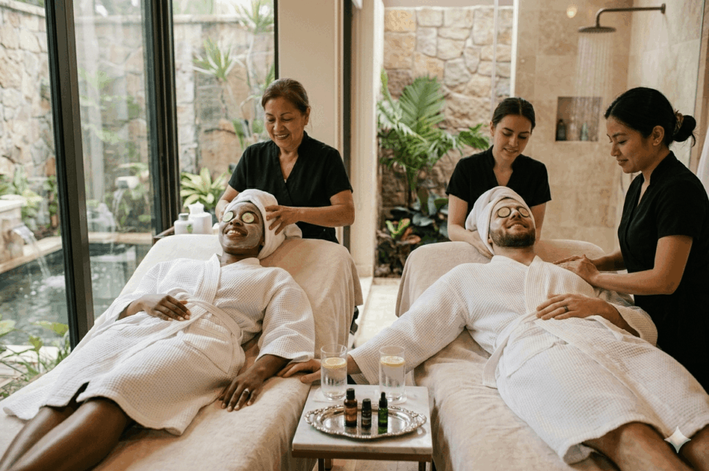 couples in spa prior to wedding day
