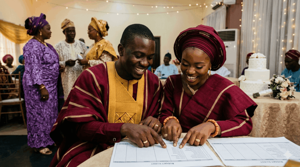 couples in traditional Yoruba attire on wedding day