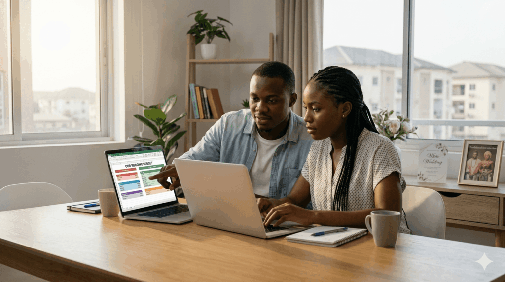 couples looking through budget for traditional and white wedding 