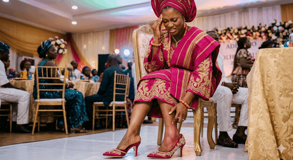 bride feel discomfort on her feet because her shoe hurts