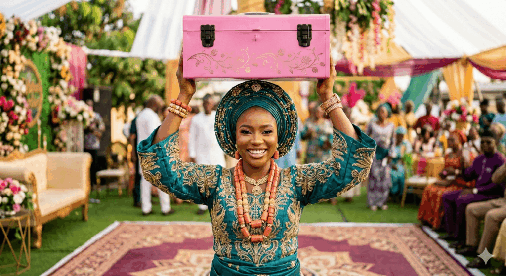 bride carrying pink box