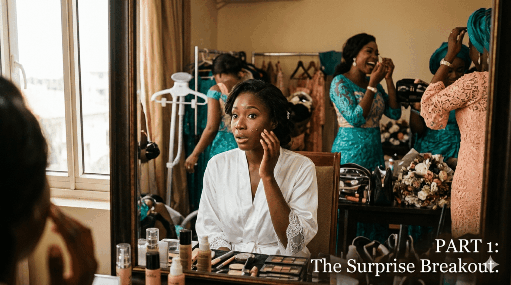 bride looking at mirror bordered about acne on her face