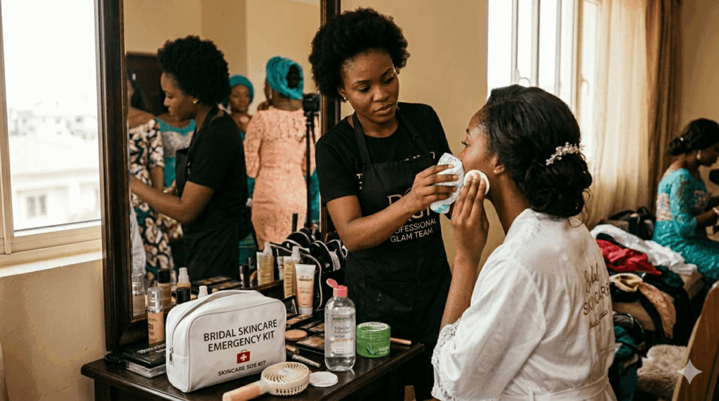 makeup artist cleaning the bride's face