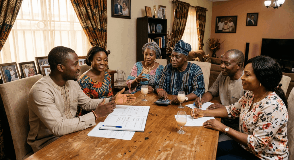 Nigerian couple discussing wedding plans and family contributions with parents