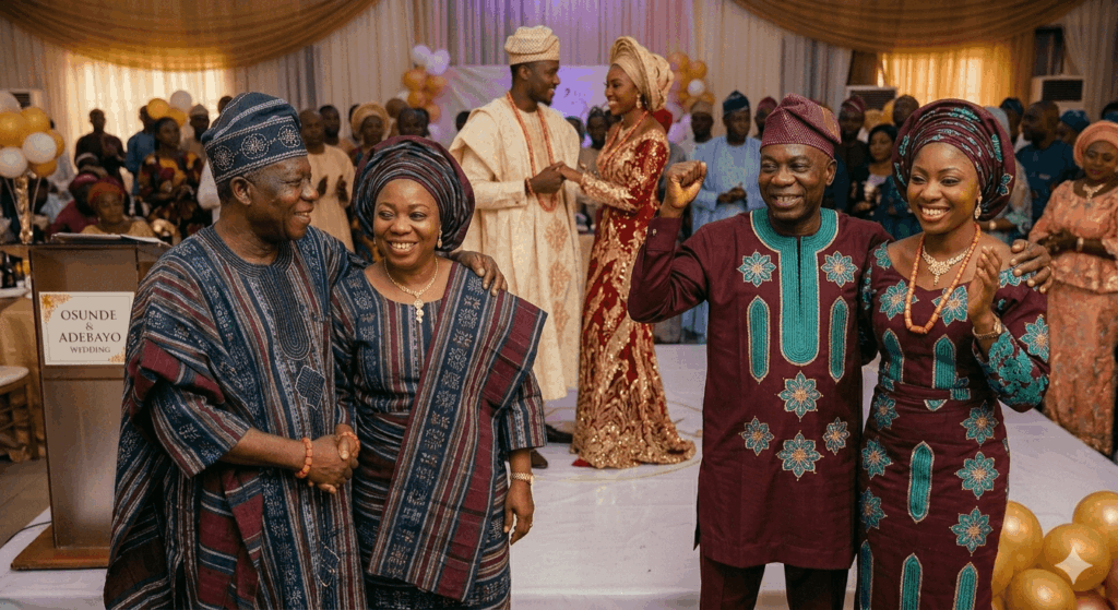 Nigerian parents celebrating family pride during a wedding ceremony
