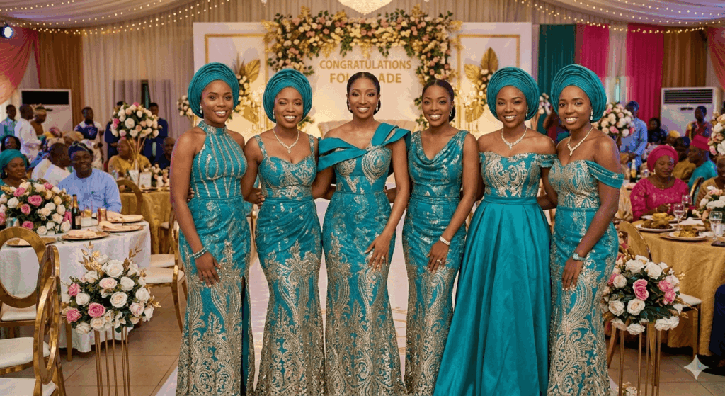 Nigerian bridal party wearing coordinated Asoebi outfits and smiling at a wedding reception