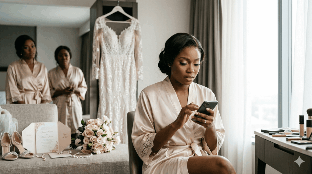  Bride checking her phone anxiously after a wedding vendor fails to arrive on the wedding morning.