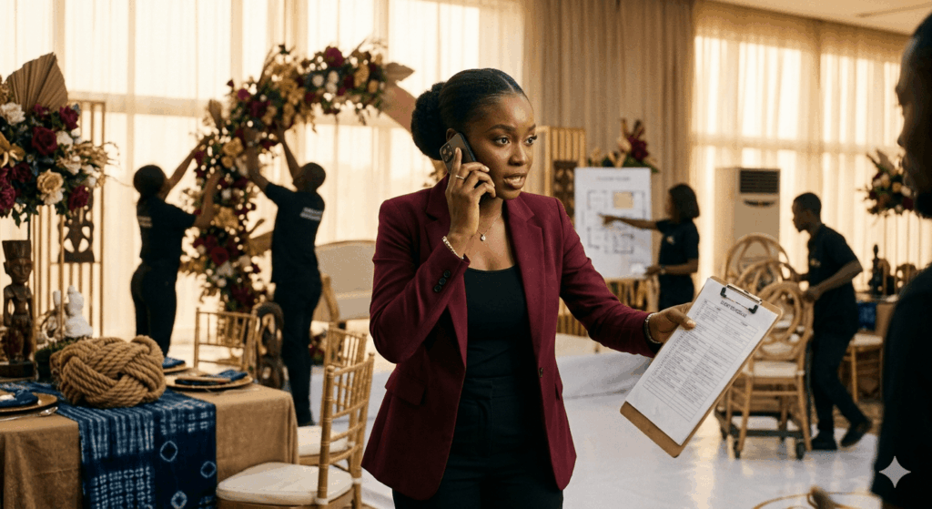  Wedding coordinator making emergency calls to arrange backup wedding services.