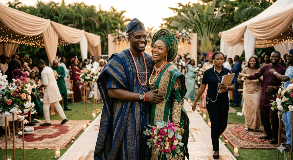 Newly married Nigerian couple smiling and celebrating despite wedding day challenges.